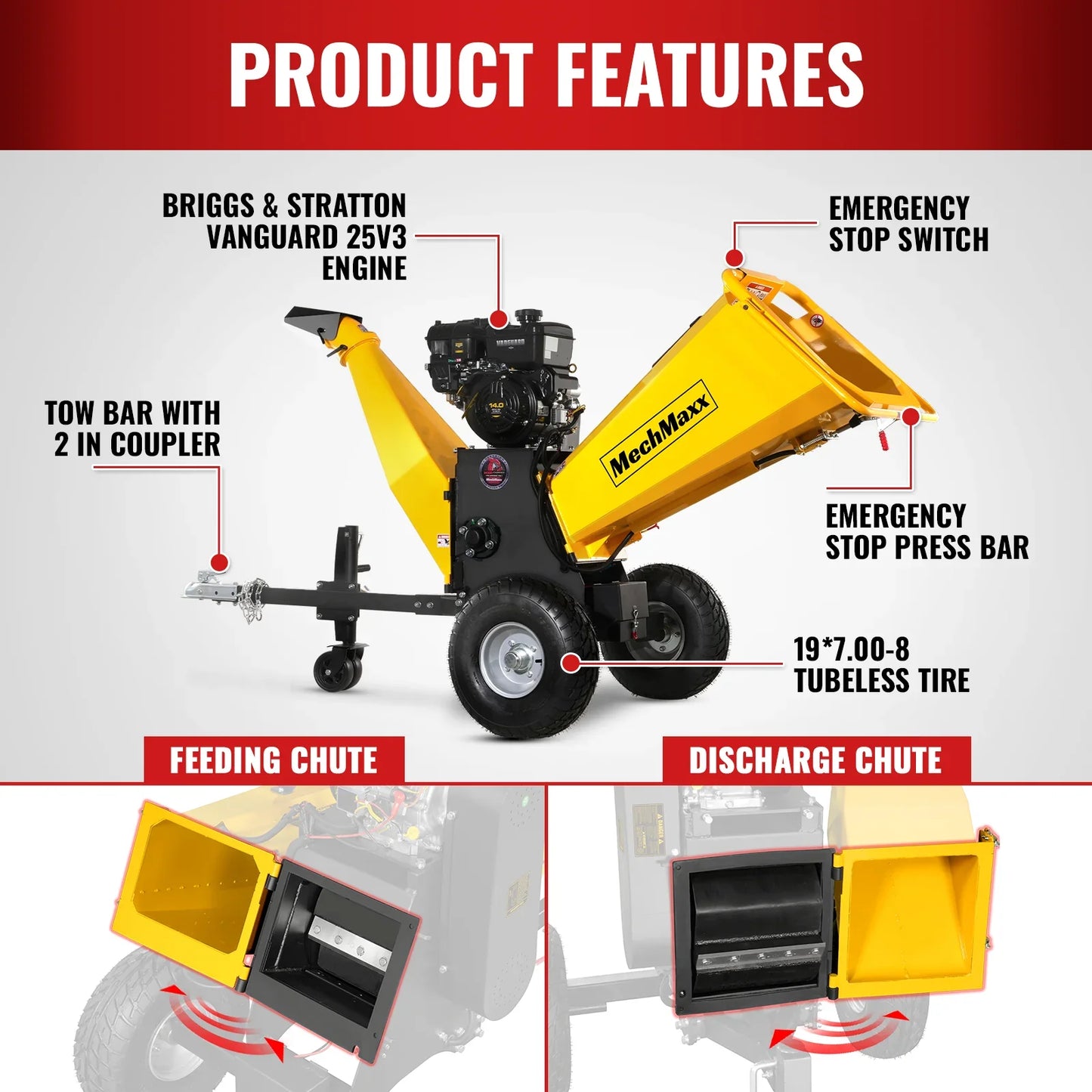 MechMaxx P4206 Wood Chipper 6" Electric Start B&S Vanguard 408cc 14HP Gasoline Engine Powered Drum New