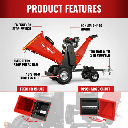 MechMaxx B150 Wood Chipper 6" KOHLER Electric Start 429cc 14HP Gas Powered 4-Wheel Drum with Taillight New