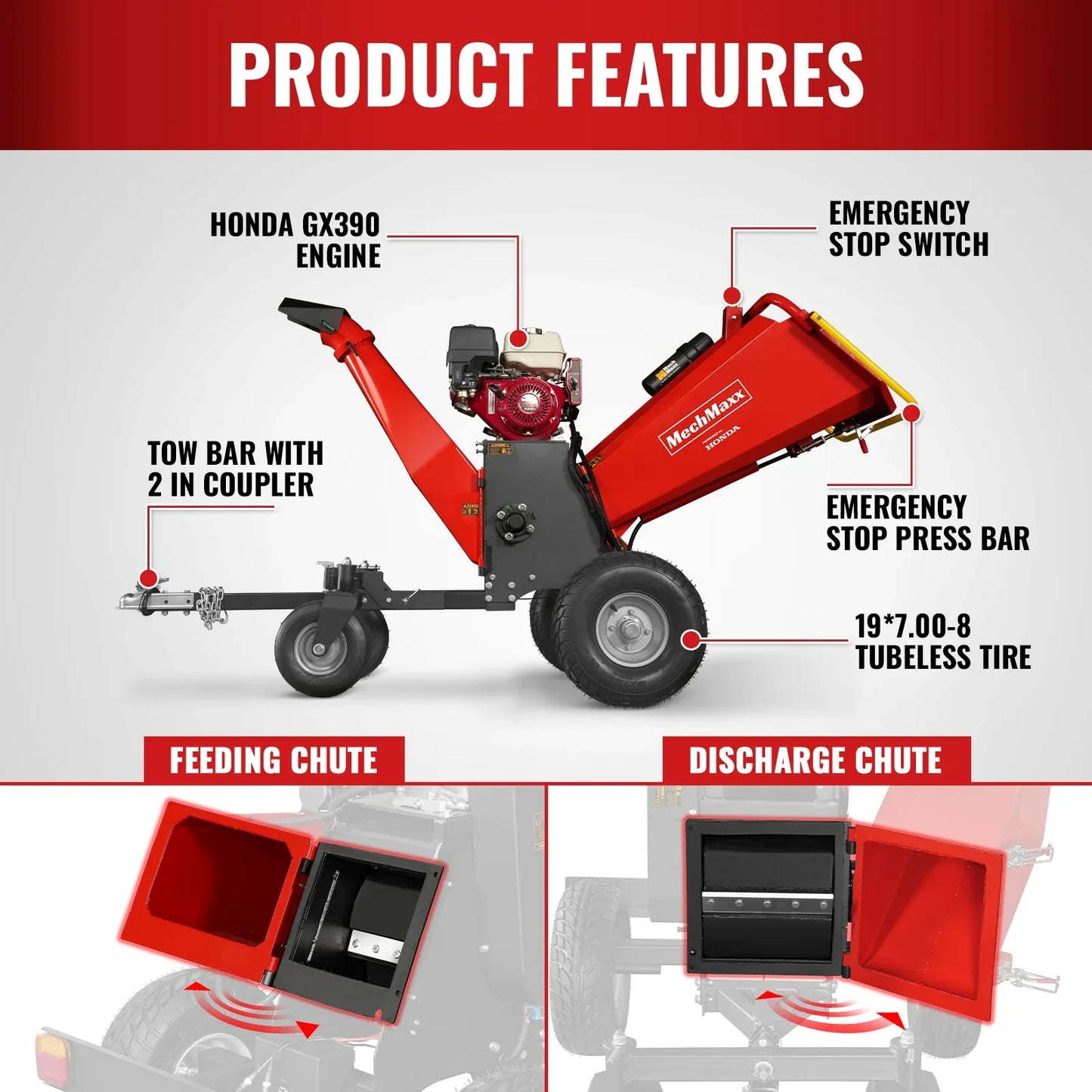 MechMaxx B150 Wood Chipper 6" Honda Electric Start Gas Powered 4-Wheel Drum with Taillight New