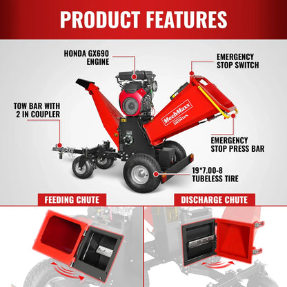 MechMaxx B200 Wood Chipper 8" Honda Electric Start 688cc 22HP Gas Powered 4-Wheel Drum with Taillight New
